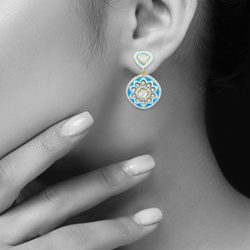 Blue Enamel Flower Polki Earrings with Diamond Halos